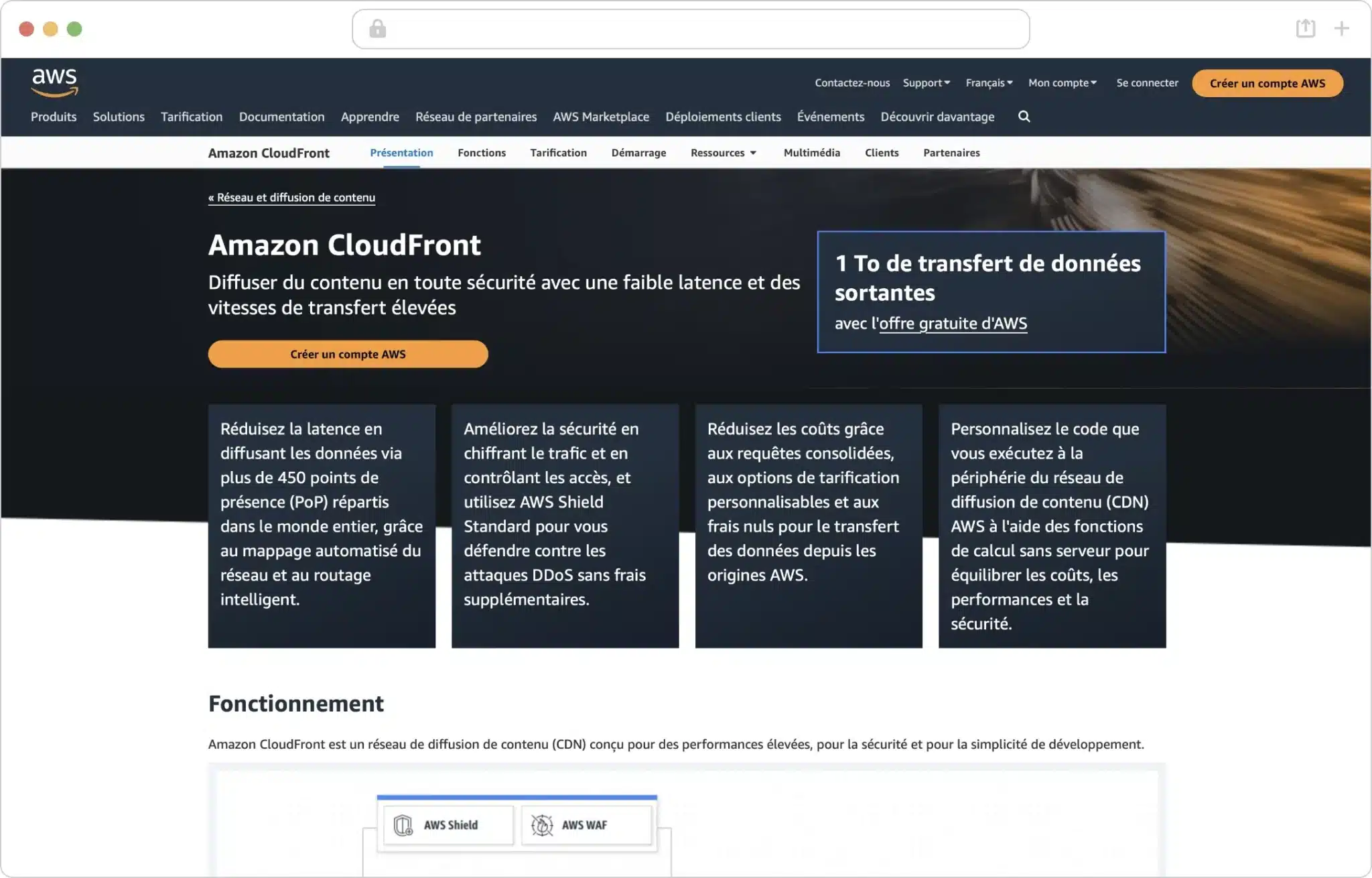 Page d'accueil du fournisseur de CDN Amazon Cloudfront